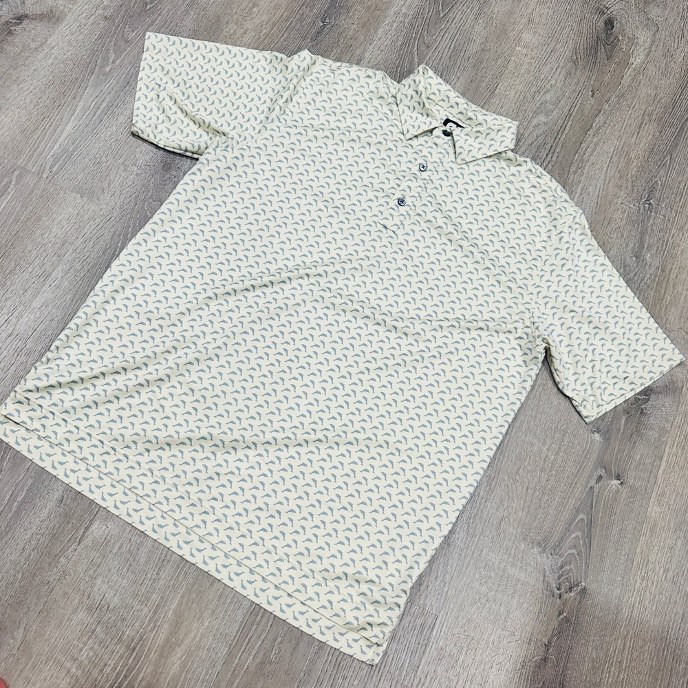 Footjoy FJ Polo Shirt Men's L Beige Blue Dolphin All Over Print Golf Performance